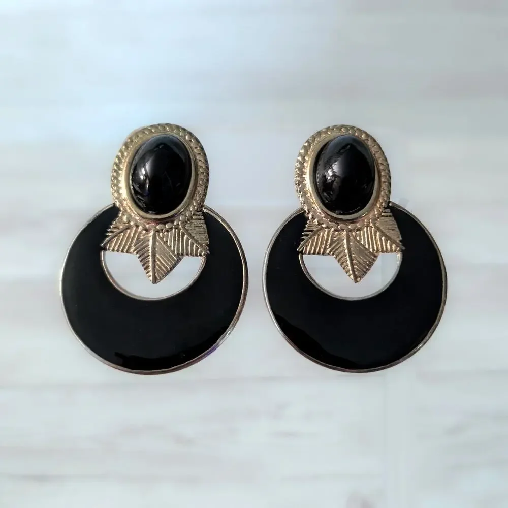 Vintage Clip On Earrings Very Large Statement Black Stylish - Just Under 2